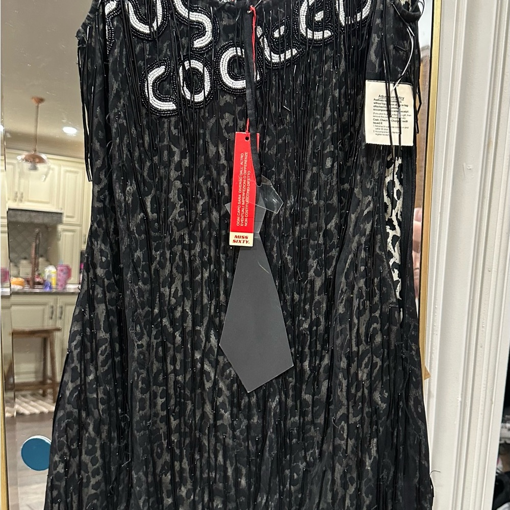 NWT Miss Sixty Luxury Black and White Leopard Print Dress with hanging sequins!